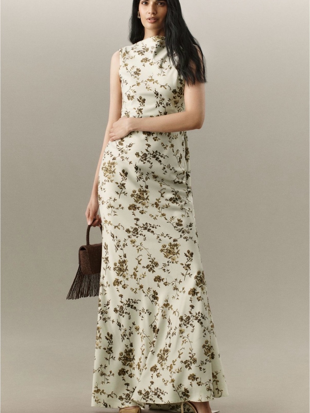 NWT Sau Lee Cream Floral Gown with Brown Botanical Print